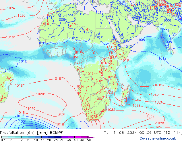 Totale neerslag (6h) ECMWF di 11.06.2024 06 UTC