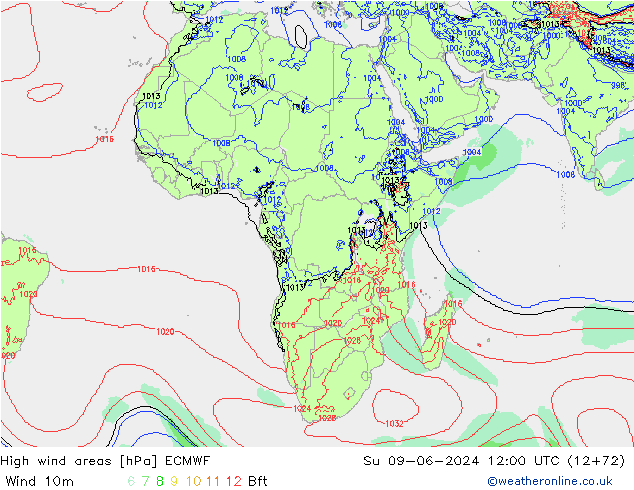 High wind areas ECMWF dom 09.06.2024 12 UTC