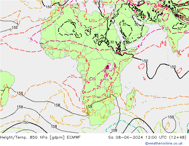 Height/Temp. 850 hPa ECMWF Sa 08.06.2024 12 UTC