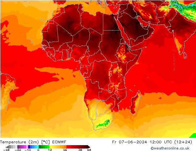 Temperatuurkaart (2m) ECMWF vr 07.06.2024 12 UTC