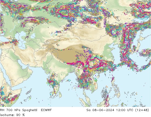 RH 700 hPa Spaghetti ECMWF sab 08.06.2024 12 UTC