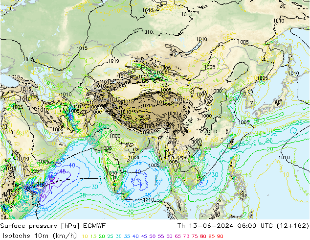 Isotachs (kph) ECMWF Qui 13.06.2024 06 UTC