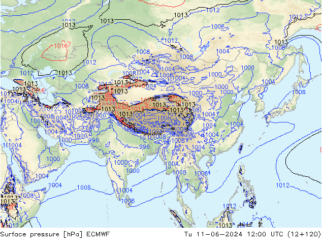 Surface pressure ECMWF Tu 11.06.2024 12 UTC