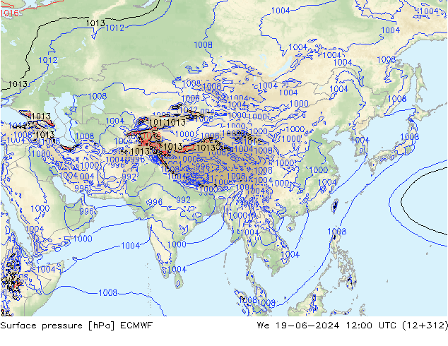 Surface pressure ECMWF We 19.06.2024 12 UTC