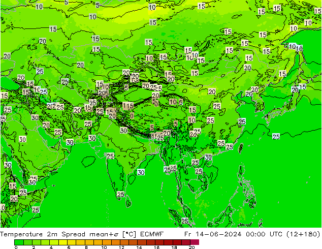 Temperatura 2m Spread ECMWF ven 14.06.2024 00 UTC