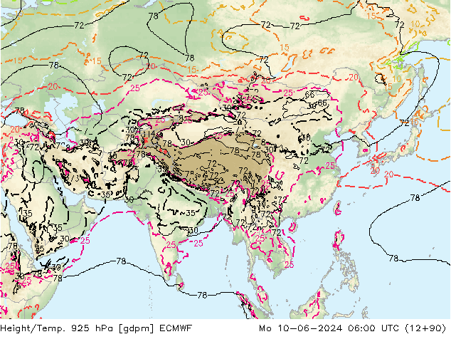 Height/Temp. 925 hPa ECMWF Mo 10.06.2024 06 UTC