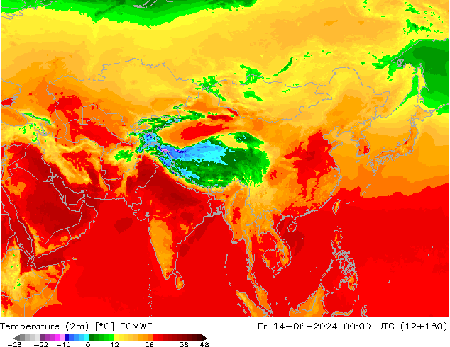 Temperature (2m) ECMWF Pá 14.06.2024 00 UTC