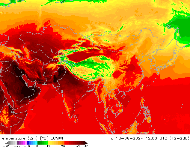 Temperature (2m) ECMWF Tu 18.06.2024 12 UTC