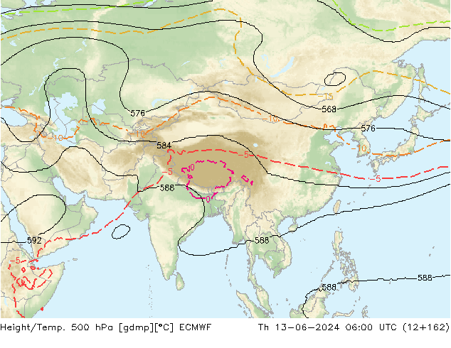 Height/Temp. 500 hPa ECMWF gio 13.06.2024 06 UTC