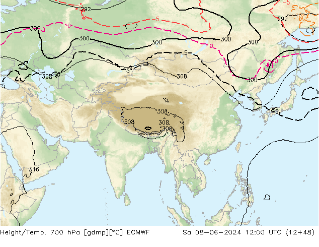 Height/Temp. 700 hPa ECMWF Sa 08.06.2024 12 UTC