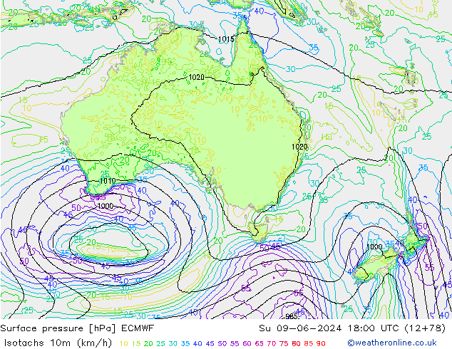 Isotachs (kph) ECMWF dom 09.06.2024 18 UTC