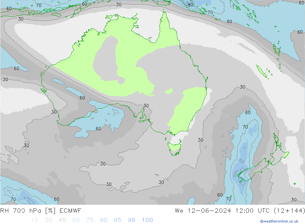 Humidité rel. 700 hPa ECMWF mer 12.06.2024 12 UTC