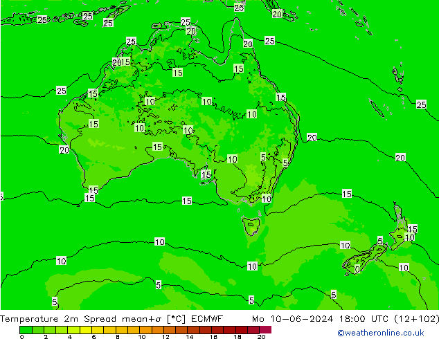 Temperatura 2m Spread ECMWF lun 10.06.2024 18 UTC