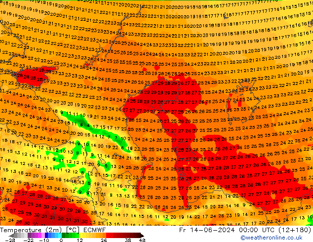 Temperature (2m) ECMWF Pá 14.06.2024 00 UTC