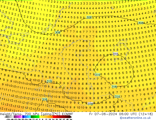 Height/Temp. 700 hPa ECMWF Fr 07.06.2024 06 UTC