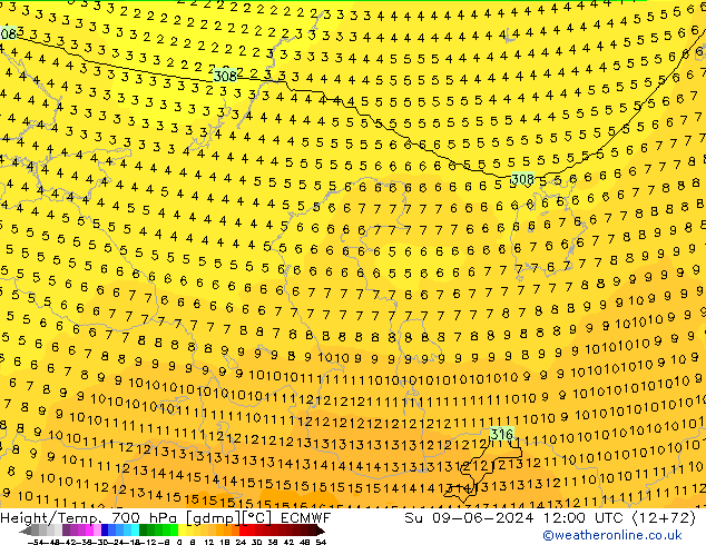 Height/Temp. 700 гПа ECMWF Вс 09.06.2024 12 UTC