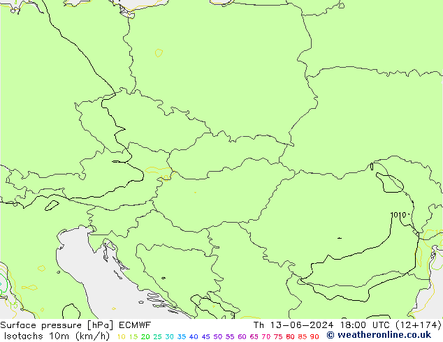 Isotachen (km/h) ECMWF Do 13.06.2024 18 UTC