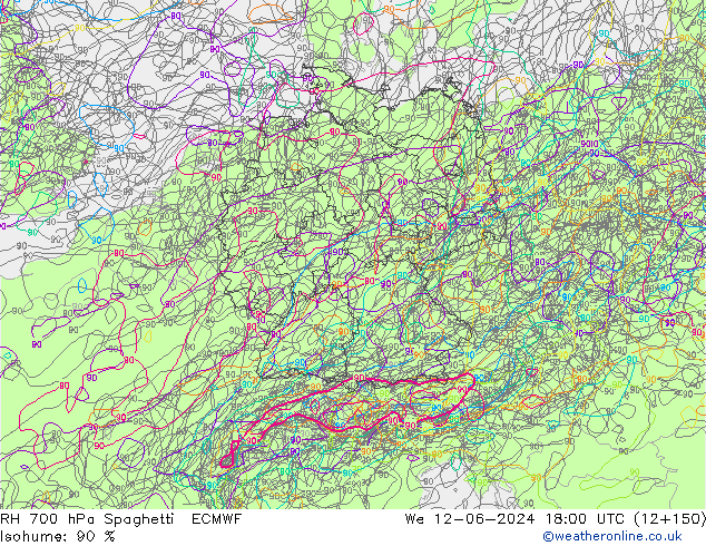 RH 700 hPa Spaghetti ECMWF  12.06.2024 18 UTC