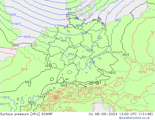 Surface pressure ECMWF Sa 08.06.2024 12 UTC