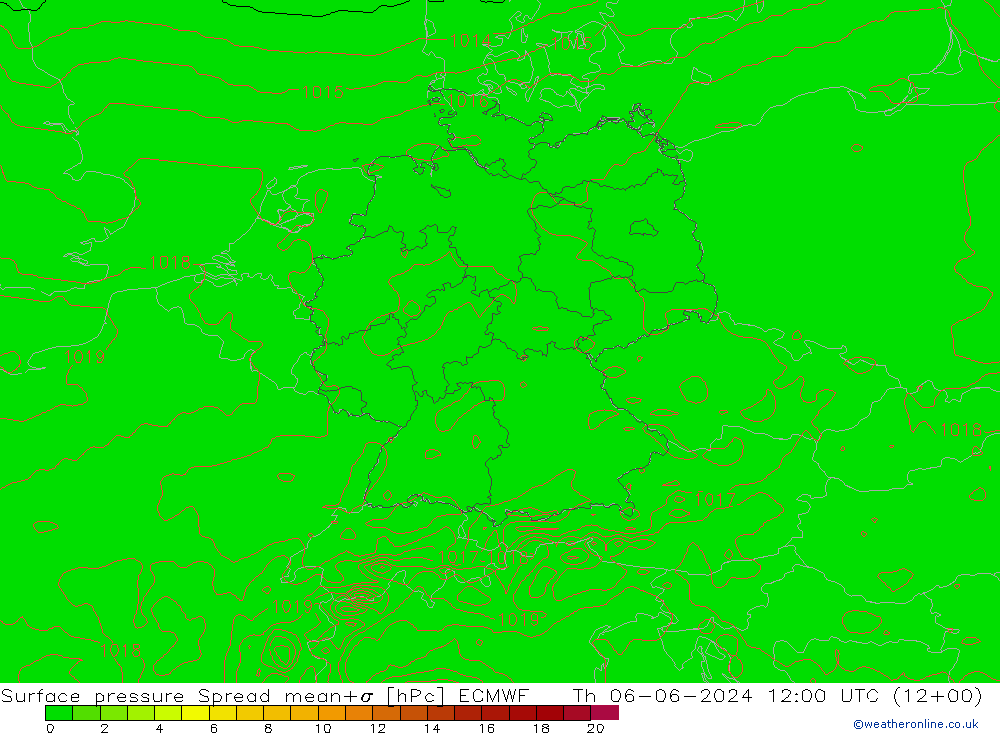 Surface pressure Spread ECMWF Th 06.06.2024 12 UTC