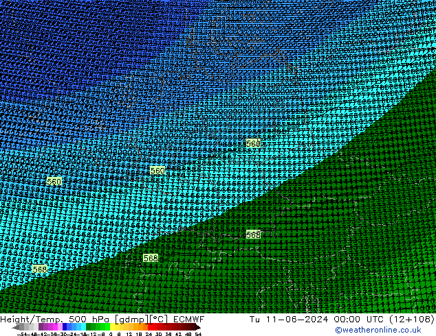 Height/Temp. 500 hPa ECMWF wto. 11.06.2024 00 UTC