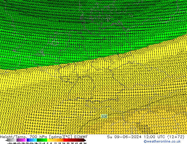 Height/Temp. 700 hPa ECMWF Su 09.06.2024 12 UTC