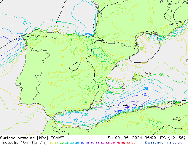 Isotachen (km/h) ECMWF zo 09.06.2024 06 UTC