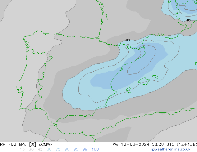 700 hPa Nispi Nem ECMWF Çar 12.06.2024 06 UTC