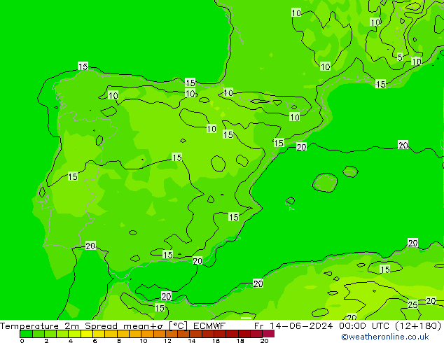 Temperatura 2m Spread ECMWF Sex 14.06.2024 00 UTC