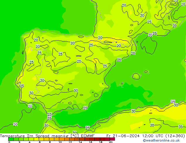 Temperature 2m Spread ECMWF Fr 21.06.2024 12 UTC