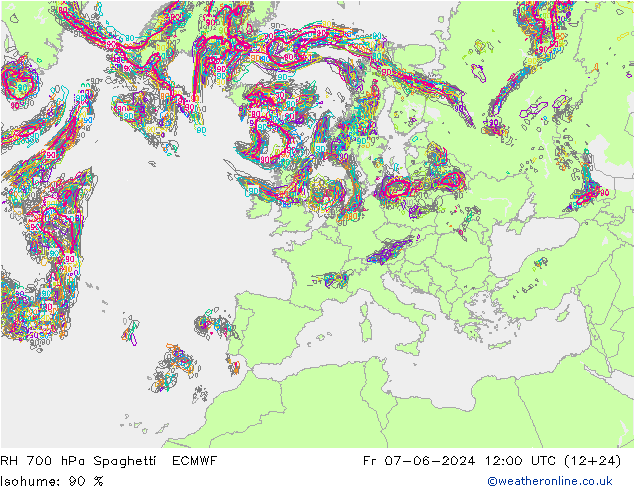 RH 700 hPa Spaghetti ECMWF Sex 07.06.2024 12 UTC