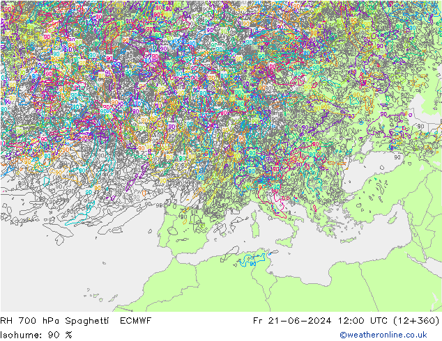 RH 700 hPa Spaghetti ECMWF Fr 21.06.2024 12 UTC