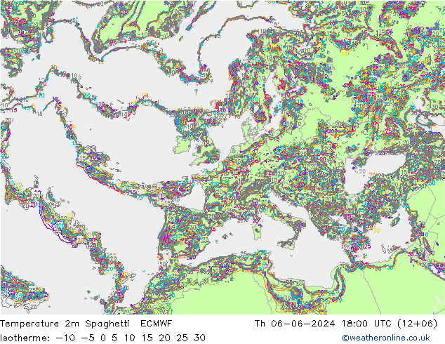 Temperatura 2m Spaghetti ECMWF gio 06.06.2024 18 UTC