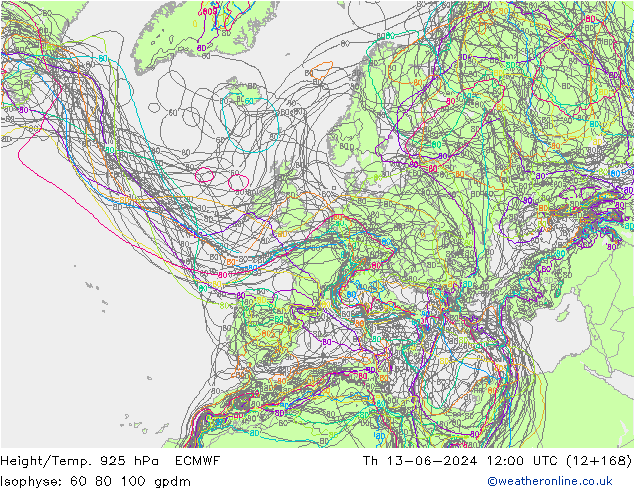 Height/Temp. 925 hPa ECMWF Čt 13.06.2024 12 UTC