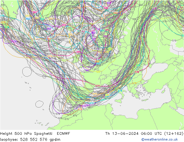 Height 500 гПа Spaghetti ECMWF чт 13.06.2024 06 UTC