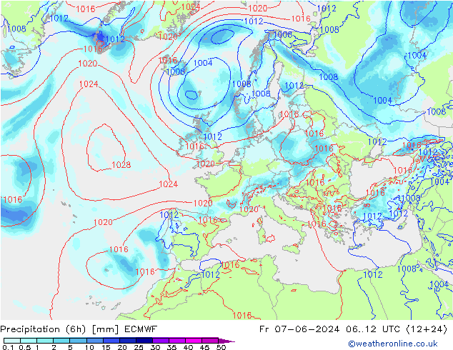 Precipitation (6h) ECMWF Pá 07.06.2024 12 UTC