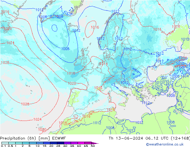 Precipitazione (6h) ECMWF gio 13.06.2024 12 UTC