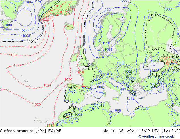 pressão do solo ECMWF Seg 10.06.2024 18 UTC