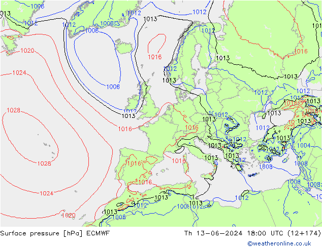 Pressione al suolo ECMWF gio 13.06.2024 18 UTC