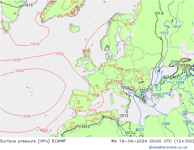 Pressione al suolo ECMWF mer 19.06.2024 00 UTC