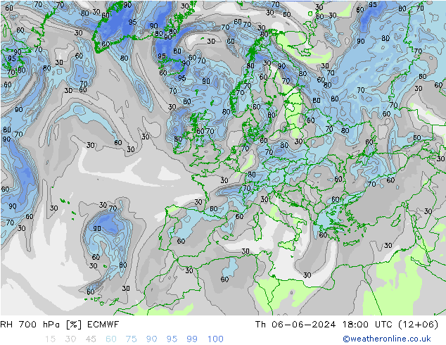 RH 700 hPa ECMWF Th 06.06.2024 18 UTC