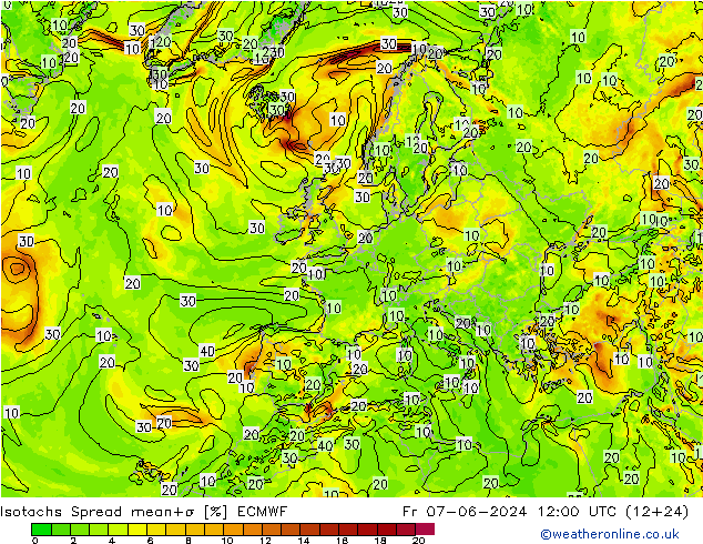 Isotachs Spread ECMWF Sex 07.06.2024 12 UTC