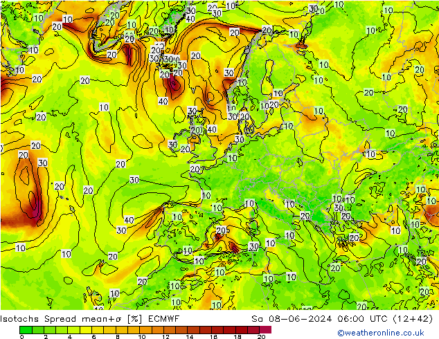 Isotachs Spread ECMWF Sáb 08.06.2024 06 UTC