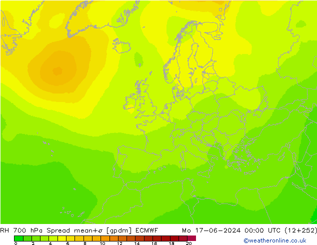 RH 700 hPa Spread ECMWF pon. 17.06.2024 00 UTC