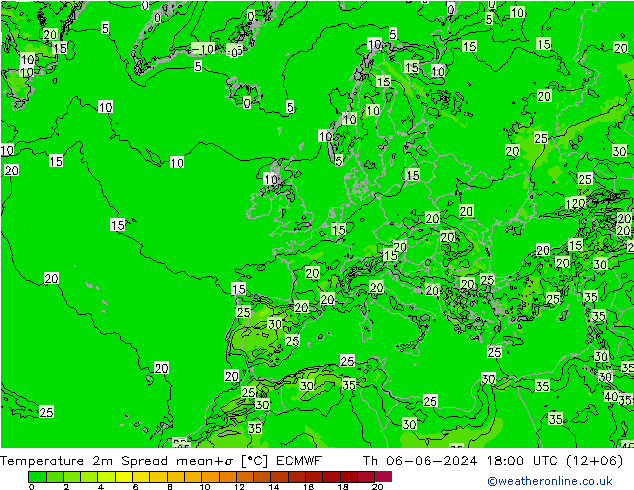 température 2m Spread ECMWF jeu 06.06.2024 18 UTC