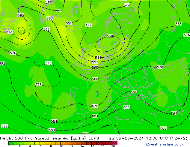 Height 500 hPa Spread ECMWF So 09.06.2024 12 UTC