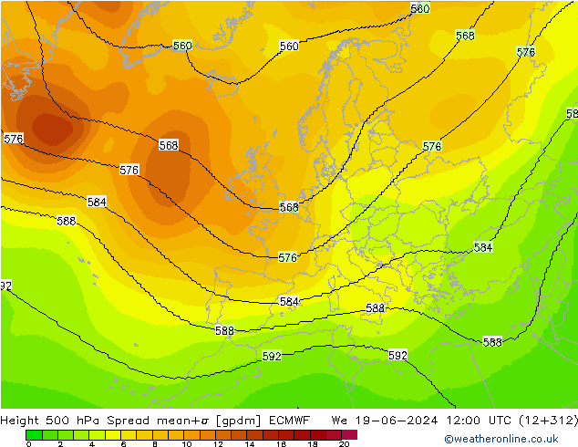 Height 500 hPa Spread ECMWF St 19.06.2024 12 UTC