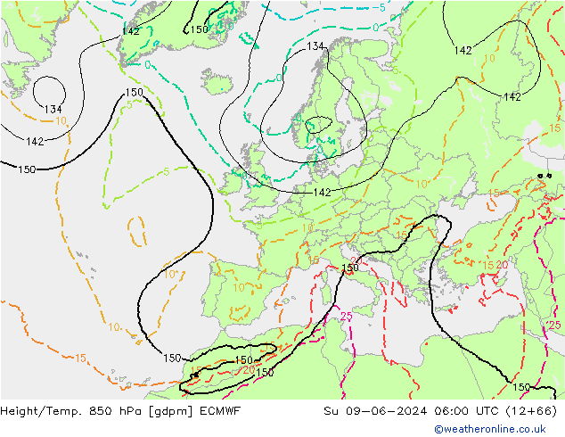 Hoogte/Temp. 850 hPa ECMWF zo 09.06.2024 06 UTC