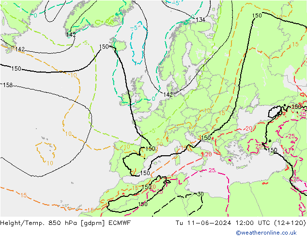 Height/Temp. 850 гПа ECMWF вт 11.06.2024 12 UTC