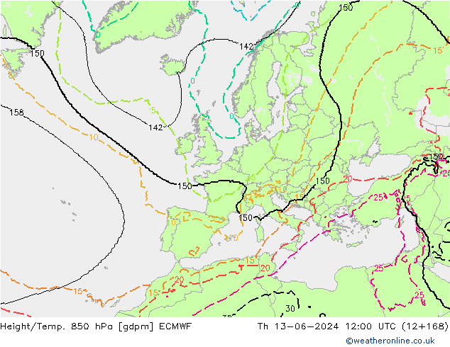 Height/Temp. 850 hPa ECMWF Qui 13.06.2024 12 UTC